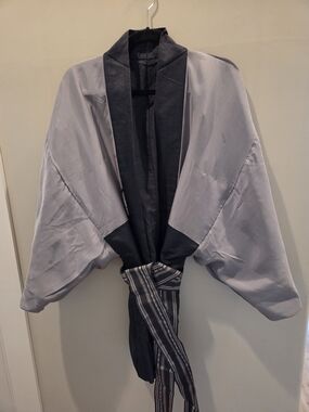 Light Blue Kimono-Style Robe with Dark Blue Trim and Sash